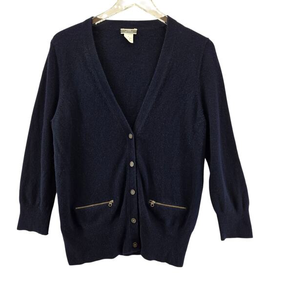 J Crew 100% Cashmere Cardigan Sweater Women Large Medium Navy Blue V-Neck Pocket - Picture 1 of 8